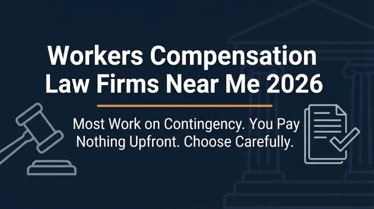 Workers compensation law firms near me 2026 banner showing contingency fee structure with legal icons.