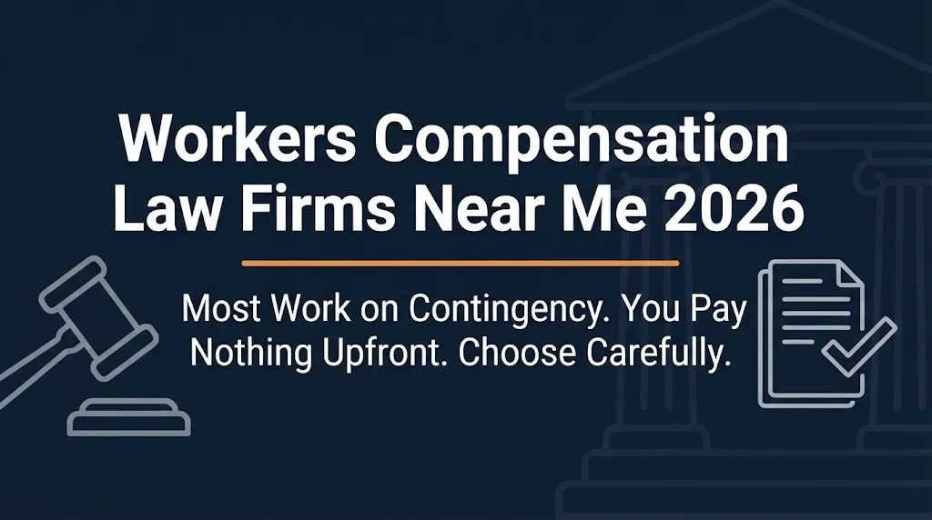 Workers compensation law firms near me 2026 banner showing contingency fee structure with legal icons.