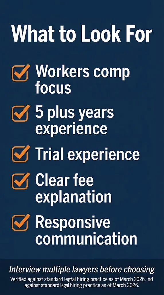 Workers compensation lawyer selection checklist showing experience, trial capability, and communication requirements.