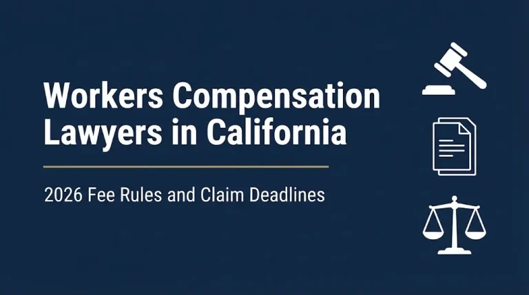 Workers compensation lawyers in California 2026 hero banner with fee rules and claim deadline information.