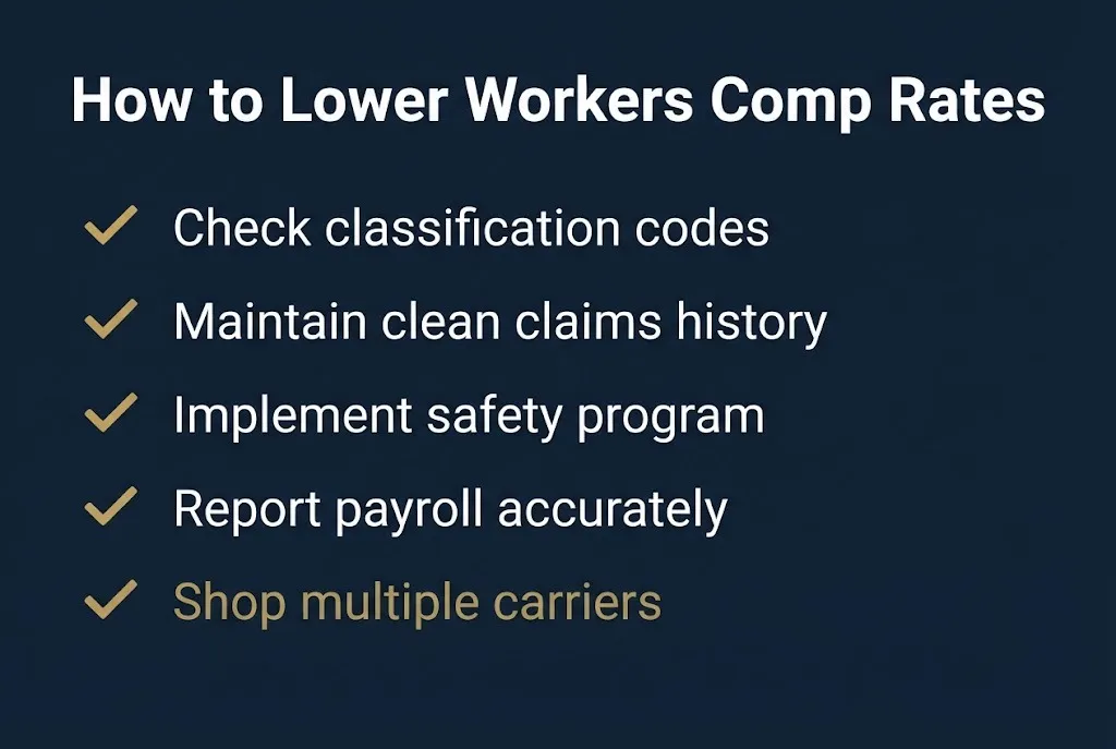 Workers compensation rate reduction checklist showing five steps from checking codes to shopping carriers.