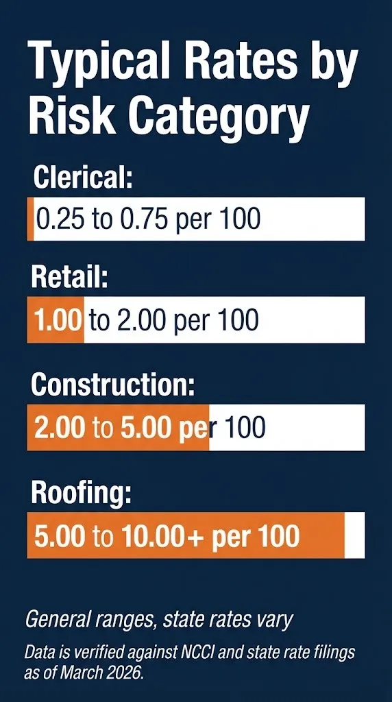 Workers compensation rate tiers graphic showing typical cost per hundred dollars of payroll by risk category.