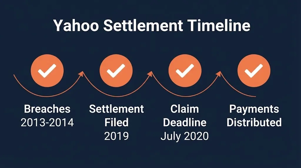 Yahoo settlement timeline showing data breach dates, claim deadline, and completed payment distribution.