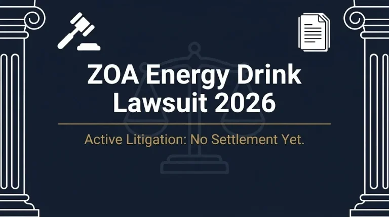 ZOA Energy drink lawsuit 2026 banner with gavel, scales, and active litigation status.