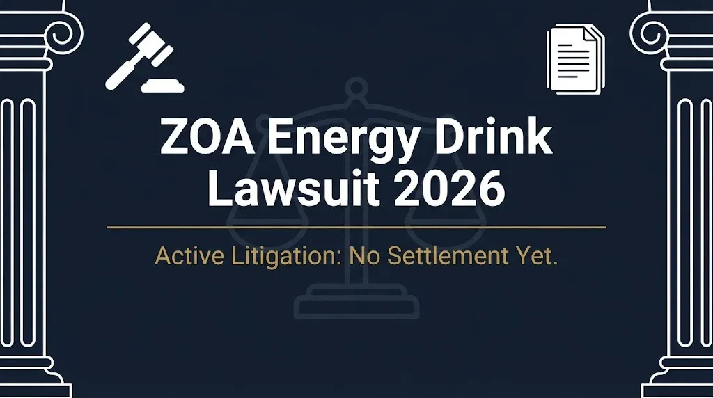 ZOA Energy drink lawsuit 2026 banner with gavel, scales, and active litigation status.