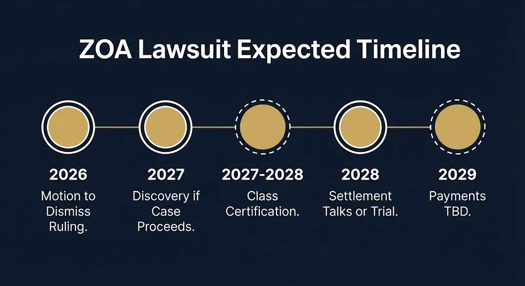 ZOA Energy lawsuit timeline from motion to dismiss through potential settlement payments.