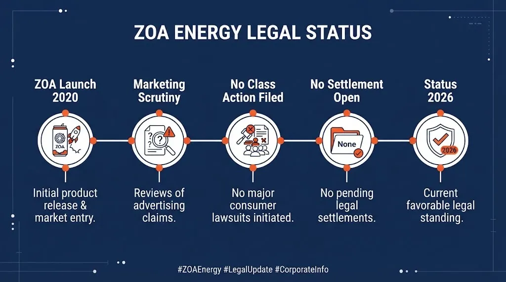 ZOA energy drink legal status timeline showing no class action filed