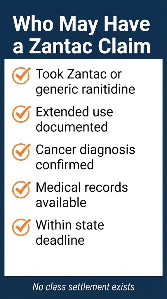 Zantac lawsuit eligibility checklist showing cancer diagnosis and prescription history requirements for potential claims.