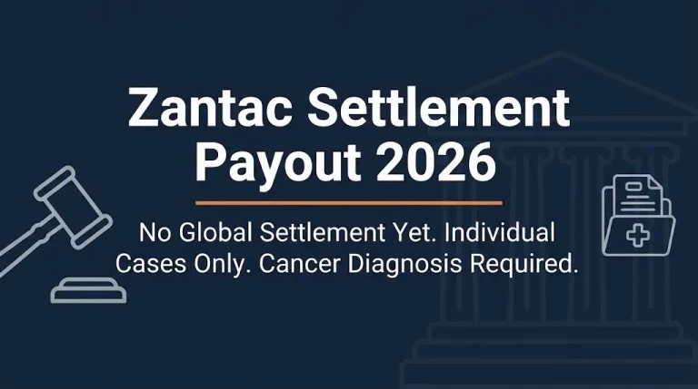 Zantac settlement payout 2026 banner showing no global settlement with gavel and medical records icons on navy background.