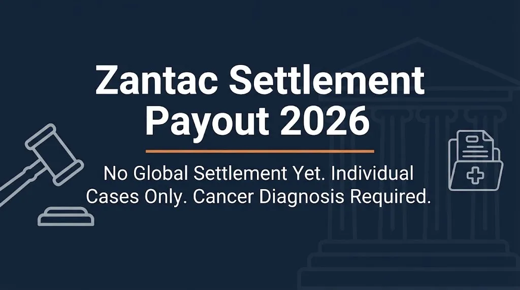Zantac settlement payout 2026 banner showing no global settlement with gavel and medical records icons on navy background.