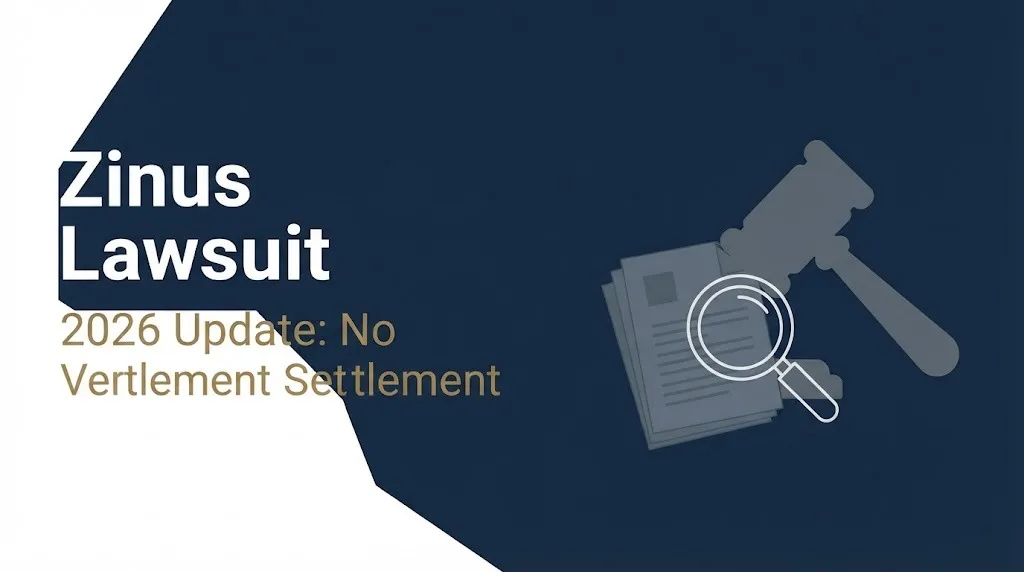 Zinus lawsuit 2026 status showing no verified settlement exists with legal document and investigation imagery.