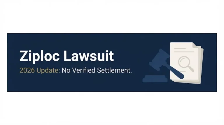 Ziploc lawsuit 2026 status showing no verified settlement exists with legal document and investigation imagery.