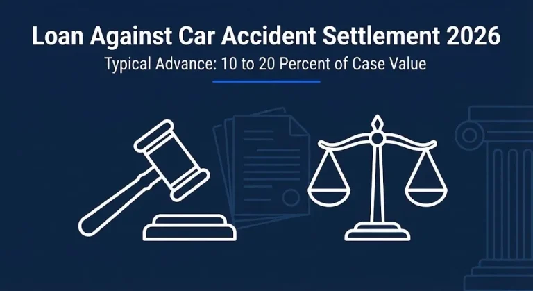 Loan against car accident settlement 2026 banner showing typical advance range of 10 to 20 percent of case value.