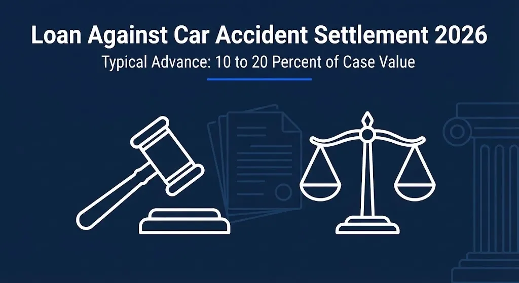 Loan against car accident settlement 2026 banner showing typical advance range of 10 to 20 percent of case value.