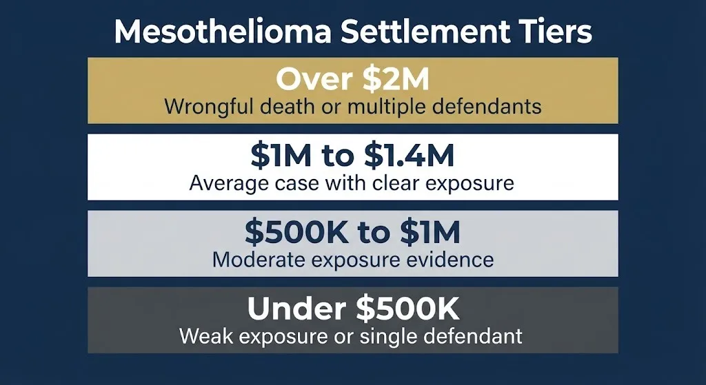 mesothelioma settlement amounts from under 500,000 to over 2 million dollars based on case strength and exposure evidence.
