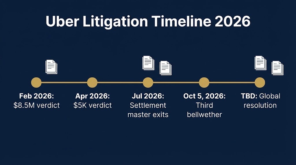 Uber litigation timeline 2026 showing bellwether trial dates and verdicts.