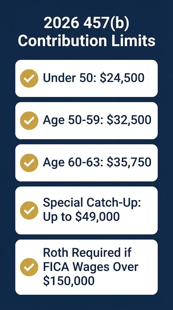 2026 457(b) contribution limits and catch-up amounts checklist infographic