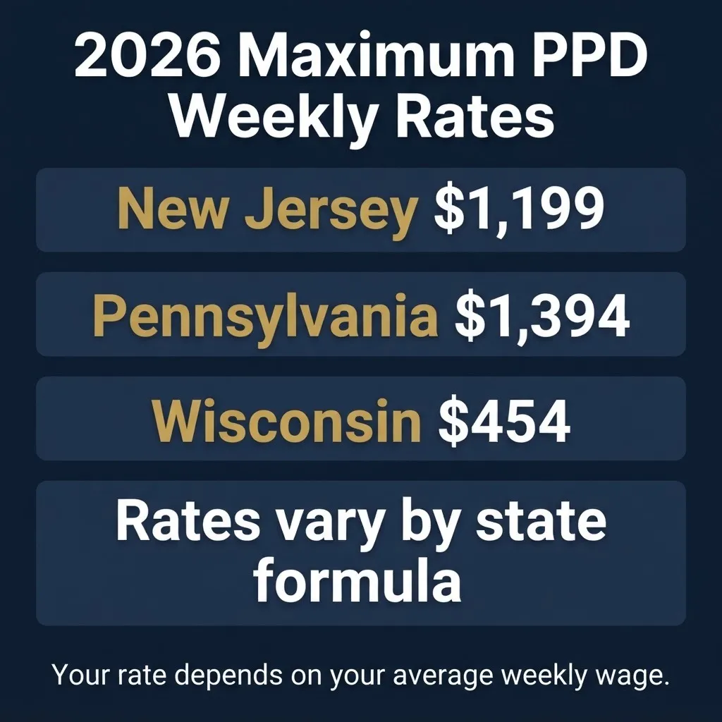 2026 permanent partial disability maximum weekly rates by state comparison chart.