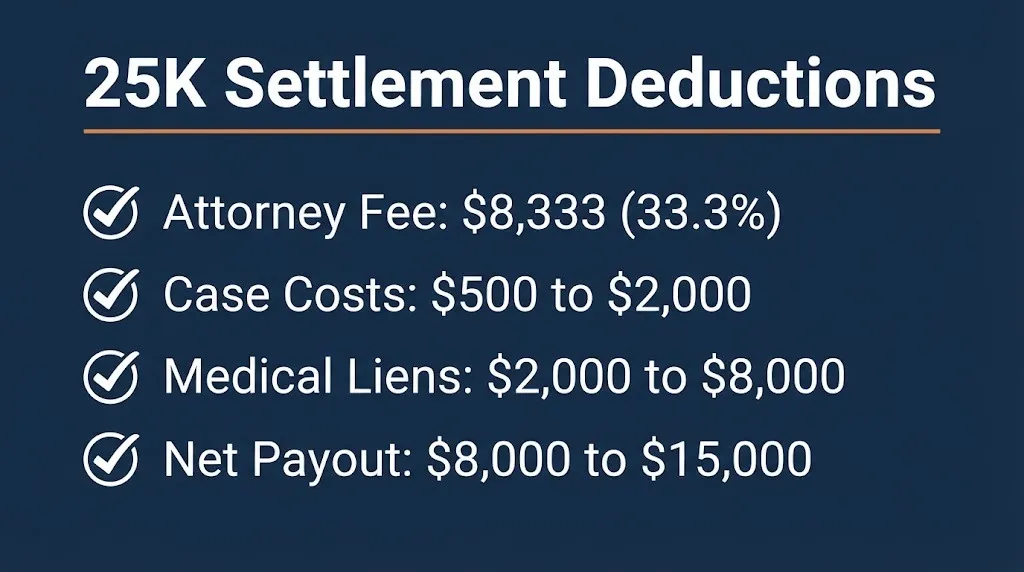 25k settlement deductions checklist showing attorney fees, costs, medical liens, and net payout.