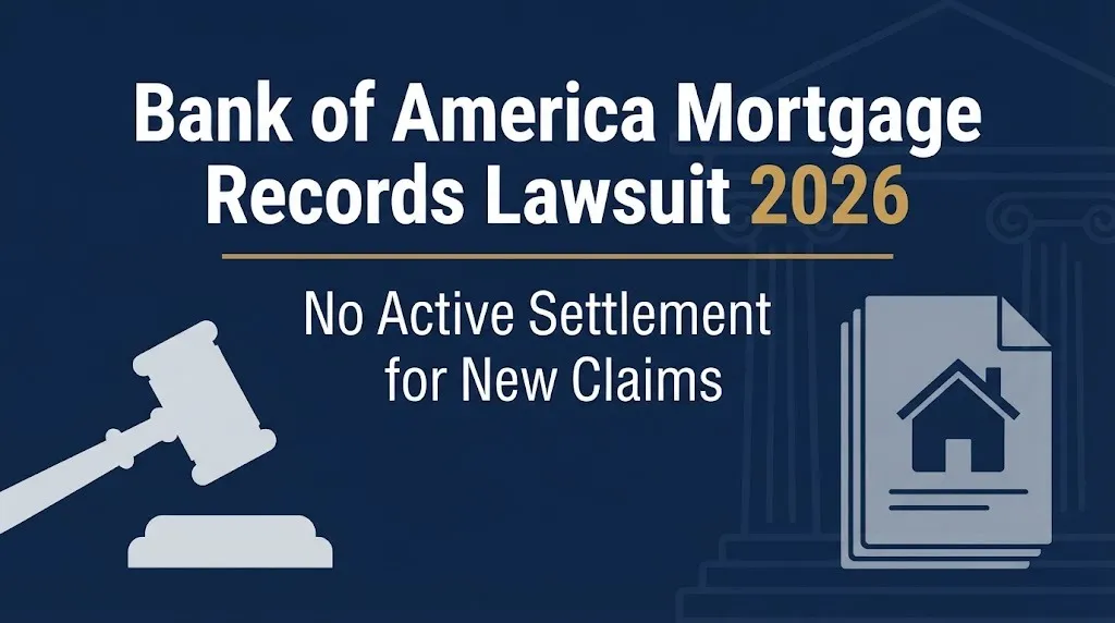 "Infographic banner titled Bank of America Mortgage Records Lawsuit 2026 with no active settlement."