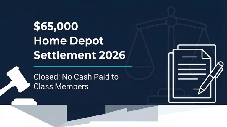 $65,000 Home Depot settlement 2026 banner showing case closed with no cash paid to class members.