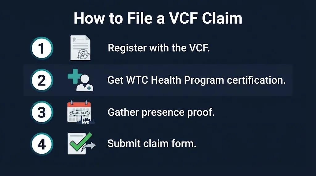 911 VCF claim filing steps showing registration, certification, proof, and submission.