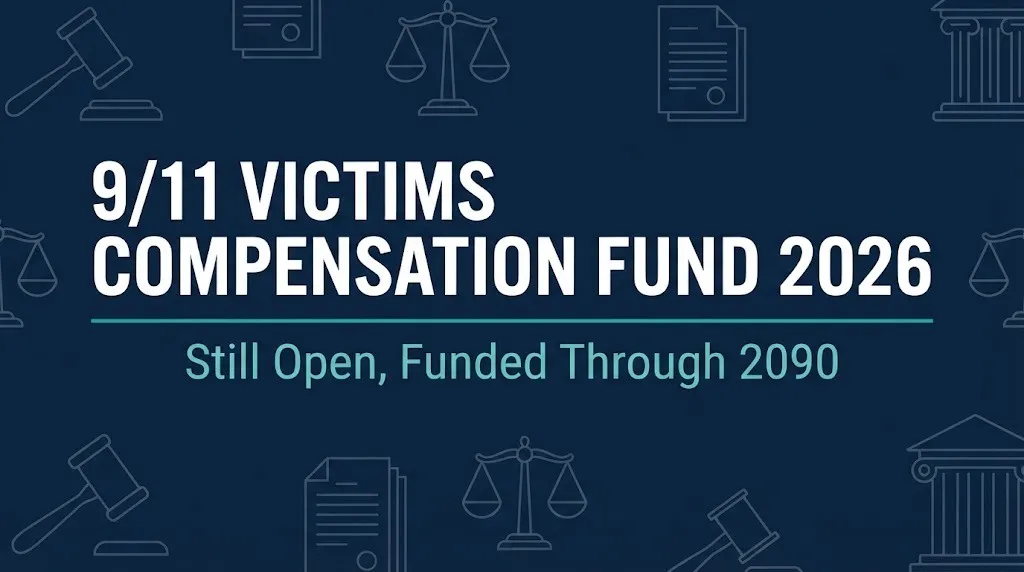 911 Victims Compensation Fund 2026 hero banner with gavel and scales symbols.
