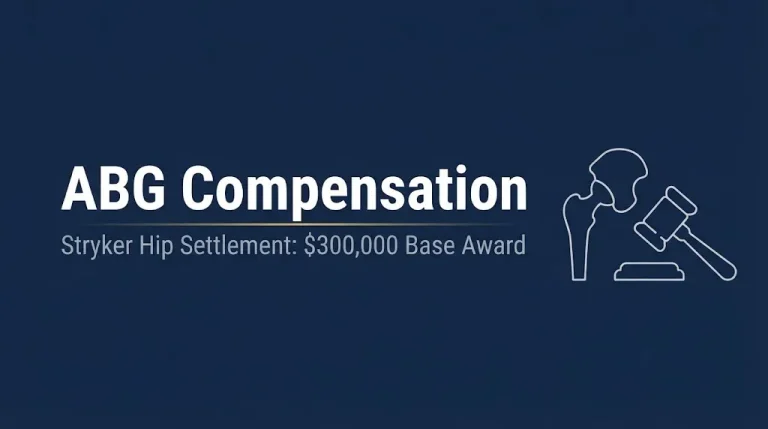 ABG compensation Stryker hip settlement banner showing $300,000 base award.
