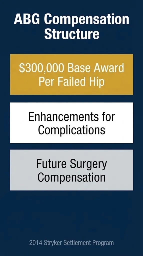ABG compensation chart showing Stryker hip settlement payout tiers and base award.