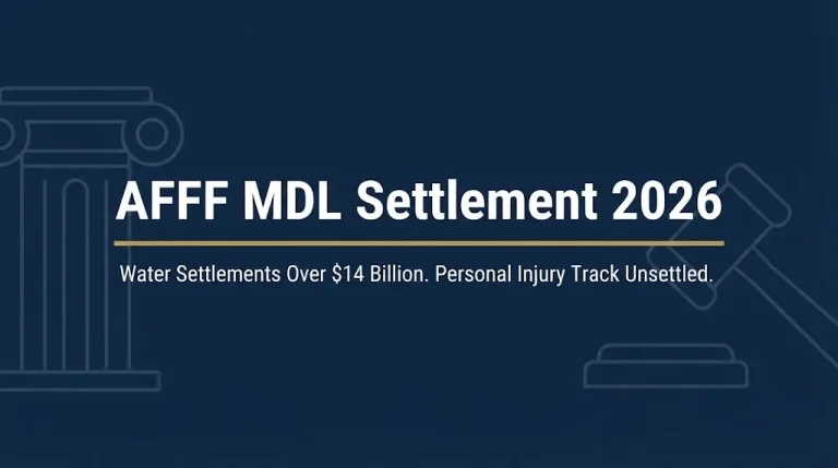AFFF MDL settlement 2026 banner showing $14 billion water settlements and unsettled personal injury track.
