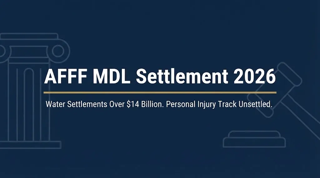 AFFF MDL settlement 2026 banner showing $14 billion water settlements and unsettled personal injury track.
