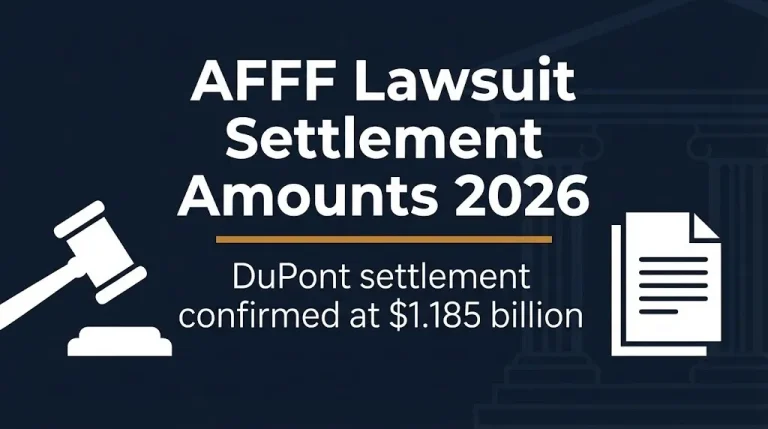 AFFF lawsuit settlement amounts 2026 banner showing DuPont settlement at 1.185 billion dollars.