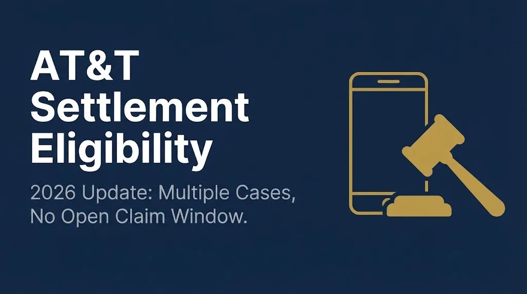 AT&T settlement eligibility 2026 banner showing multiple cases and no open claim window.