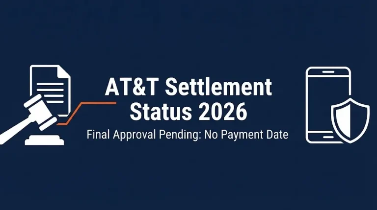 AT&T settlement status 2026 banner with gavel icon and Final Approval Pending notice.
