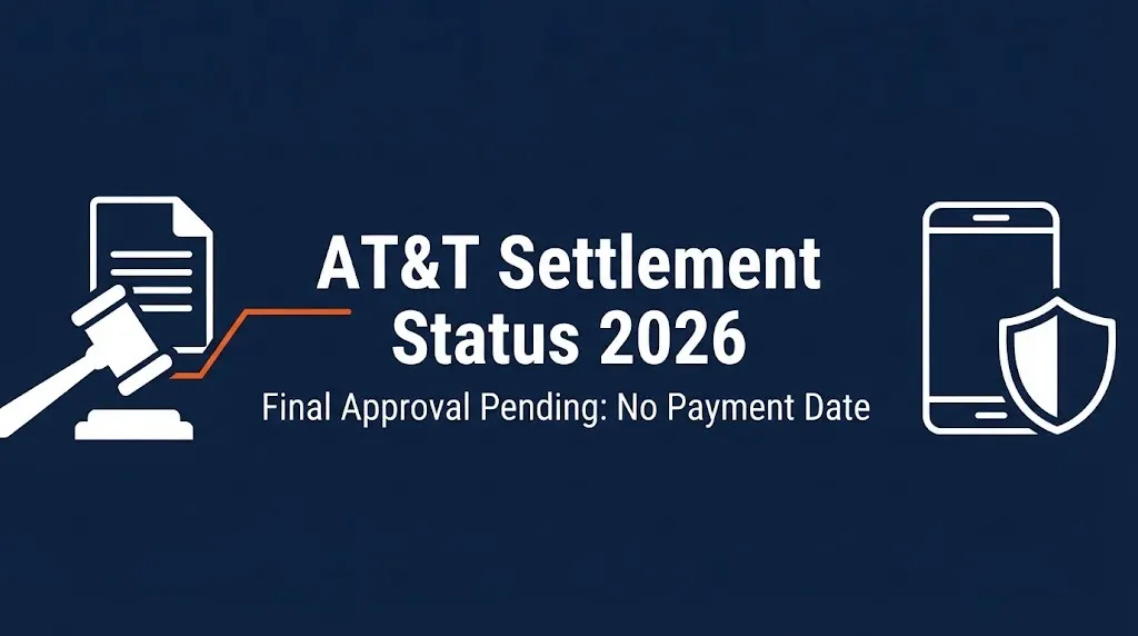 AT&T settlement status 2026 banner with gavel icon and Final Approval Pending notice.