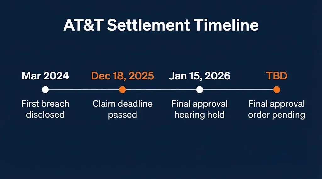 AT&T settlement timeline showing March 2024 breach, December 2025 deadline, and pending approval.