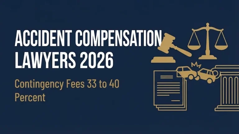 Accident compensation lawyers 2026 headline with gavel and car icon showing contingency fee range.