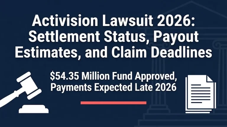 Activision lawsuit 2026 settlement status graphic with fund amount and payment timing information.