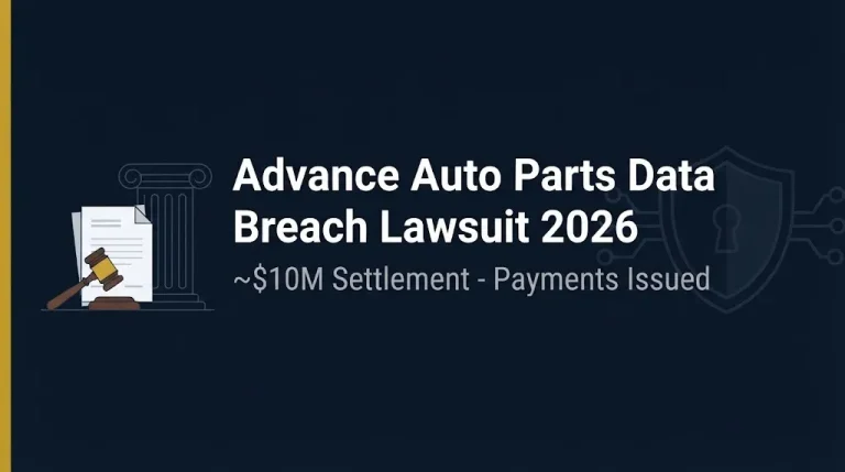 Advance Auto Parts data breach lawsuit 2026 banner showing $10M settlement and payment status.