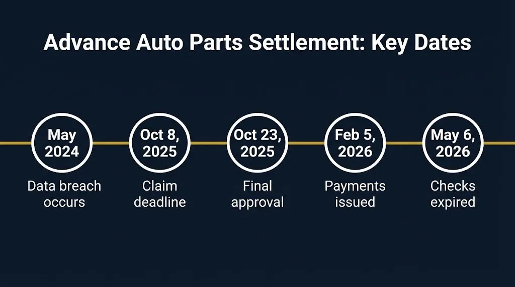 Advance Auto Parts settlement timeline showing breach, claim deadline, final approval, and payment dates.