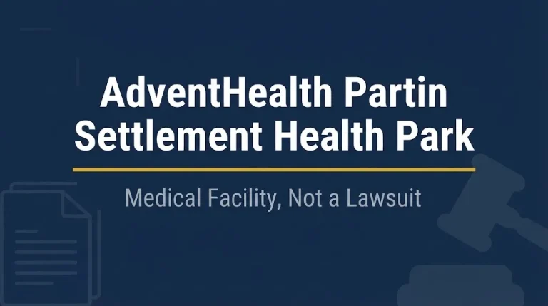 AdventHealth Partin Settlement Health Park hero banner with gavel and medical icons