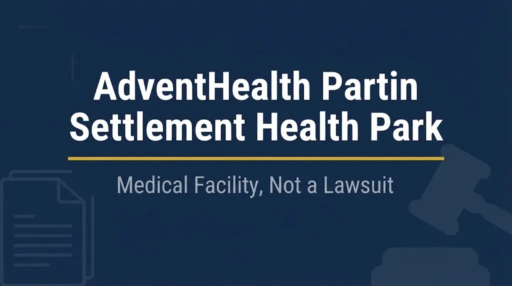 AdventHealth Partin Settlement Health Park hero banner with gavel and medical icons