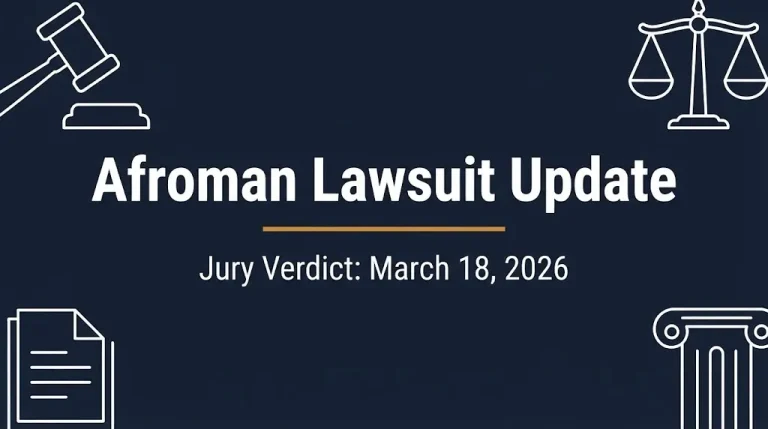 Afroman lawsuit update banner showing the March 18, 2026 jury verdict with gavel and scales icons.