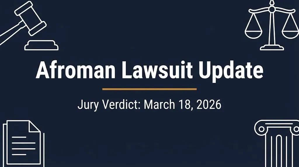 Afroman lawsuit update banner showing the March 18, 2026 jury verdict with gavel and scales icons.