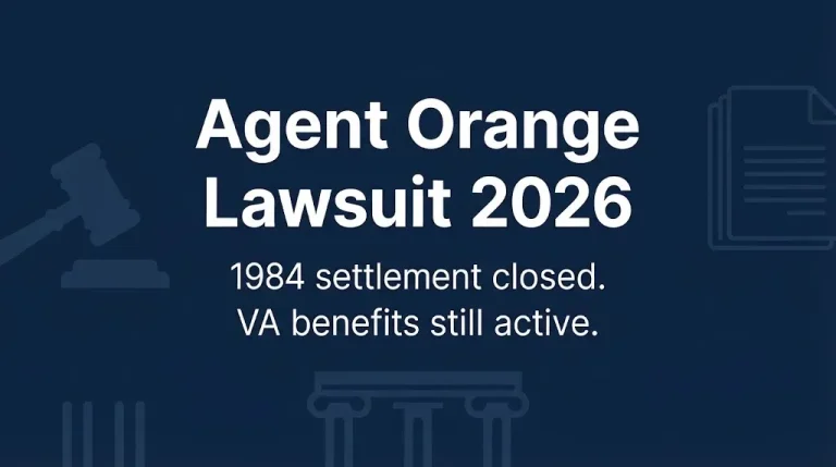 Agent Orange lawsuit 2026 hero banner with headline and settlement status subheading.