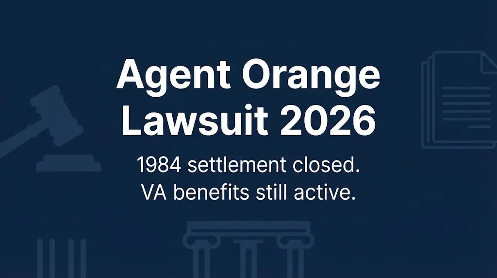 Agent Orange lawsuit 2026 hero banner with headline and settlement status subheading.