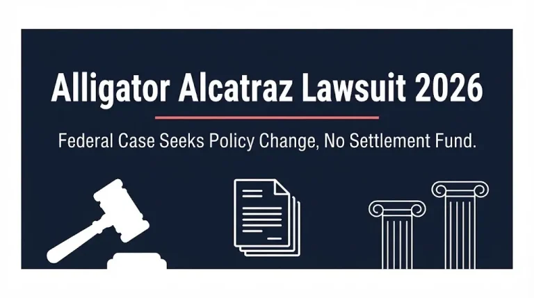 Alligator Alcatraz lawsuit 2026 banner showing a federal policy case with no settlement fund.