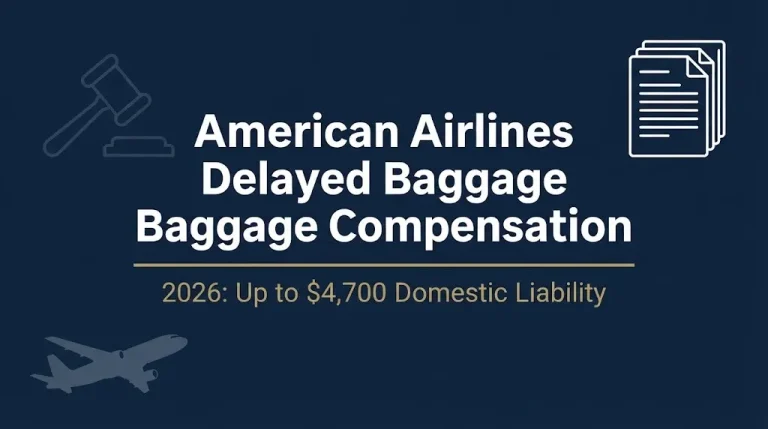 American Airlines delayed baggage compensation 2026 banner showing $4,700 domestic liability limit.
