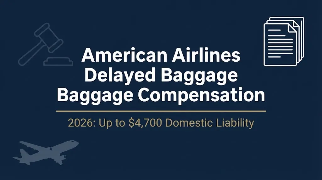 American Airlines delayed baggage compensation 2026 banner showing $4,700 domestic liability limit.