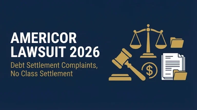 Americor lawsuit 2026 headline with gavel and dollar sign showing debt settlement complaints with no class settlement.